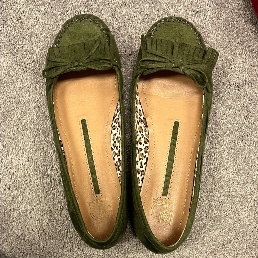 Olive Loafers with Bow Accent